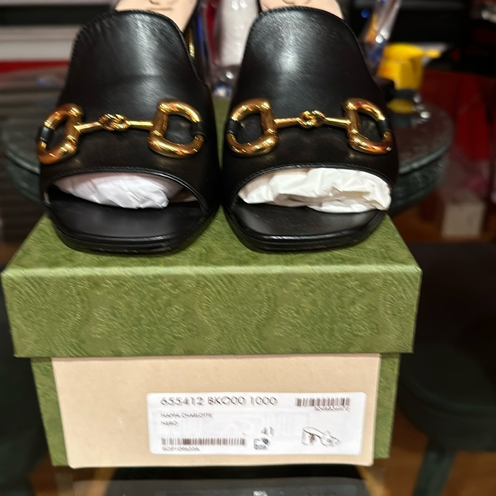 Black mule, Gucci, sandal with gold insets